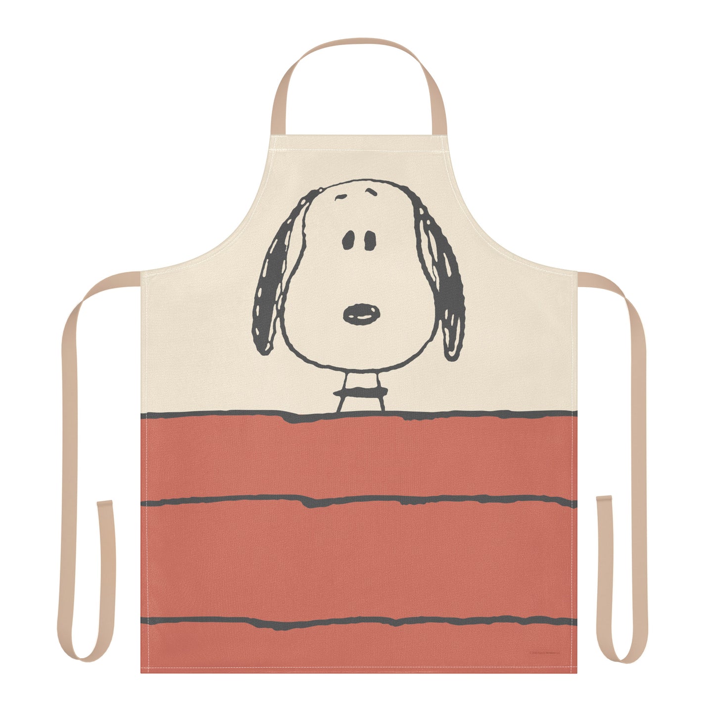 A white kitchen apron featuring a large minimalist graphic of Snoopy's face from Peanuts.