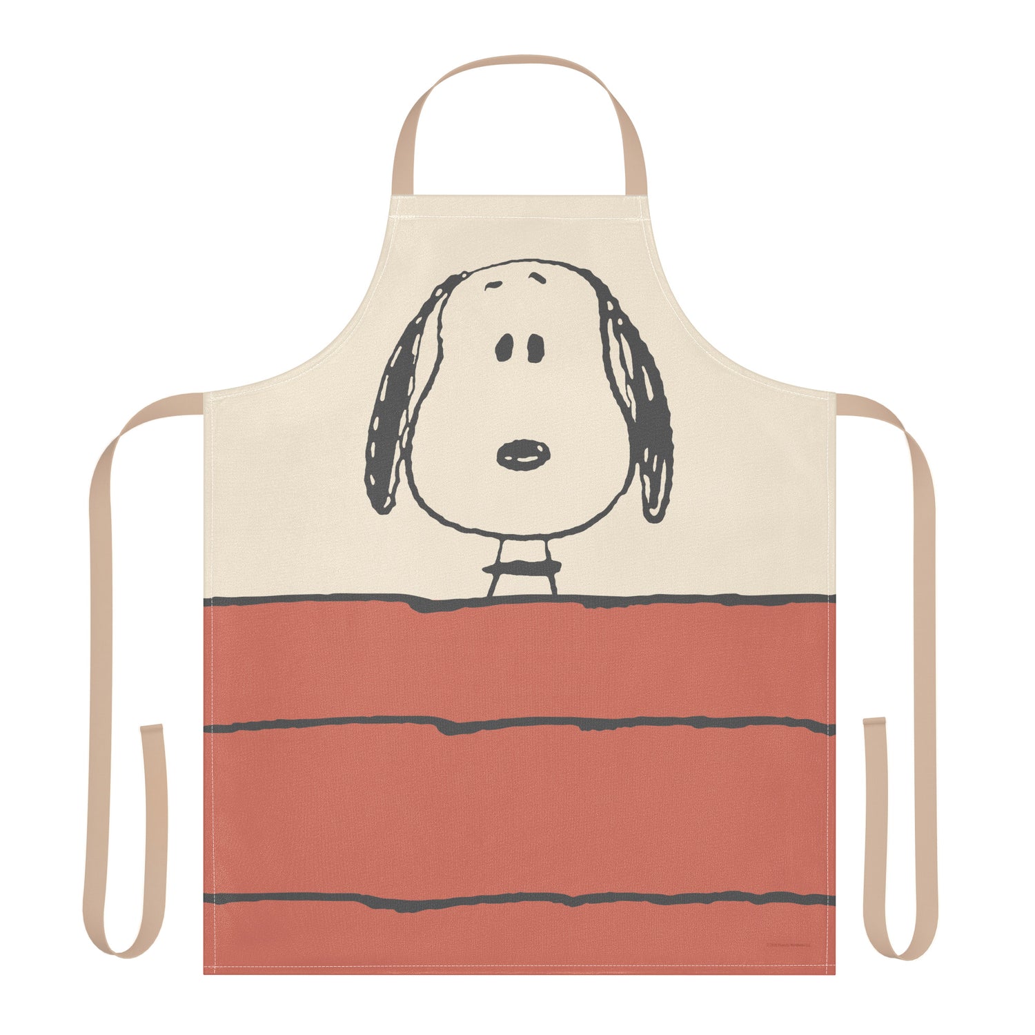 A white kitchen apron featuring a large minimalist graphic of Snoopy's face from Peanuts.