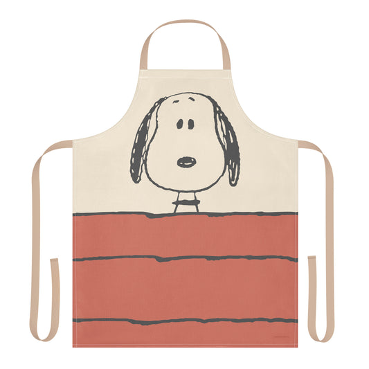 A white kitchen apron featuring a large minimalist graphic of Snoopy's face from Peanuts.-0