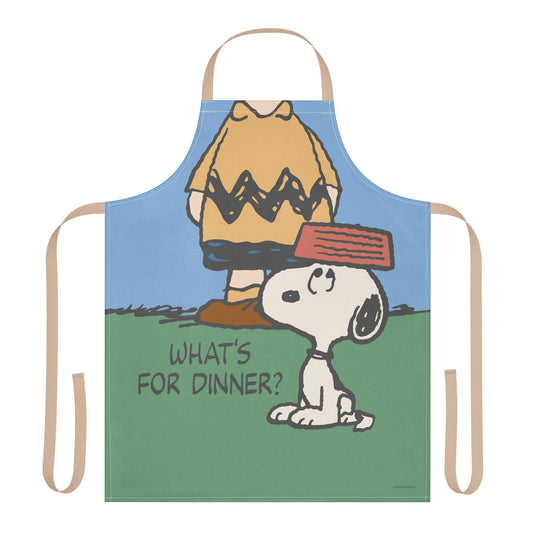A unisex white kitchen apron featuring a graphic of the Peanuts characters and the text What's For Dinner.-0