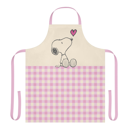 White Peanuts apron featuring Snoopy sitting next to a red heart-0