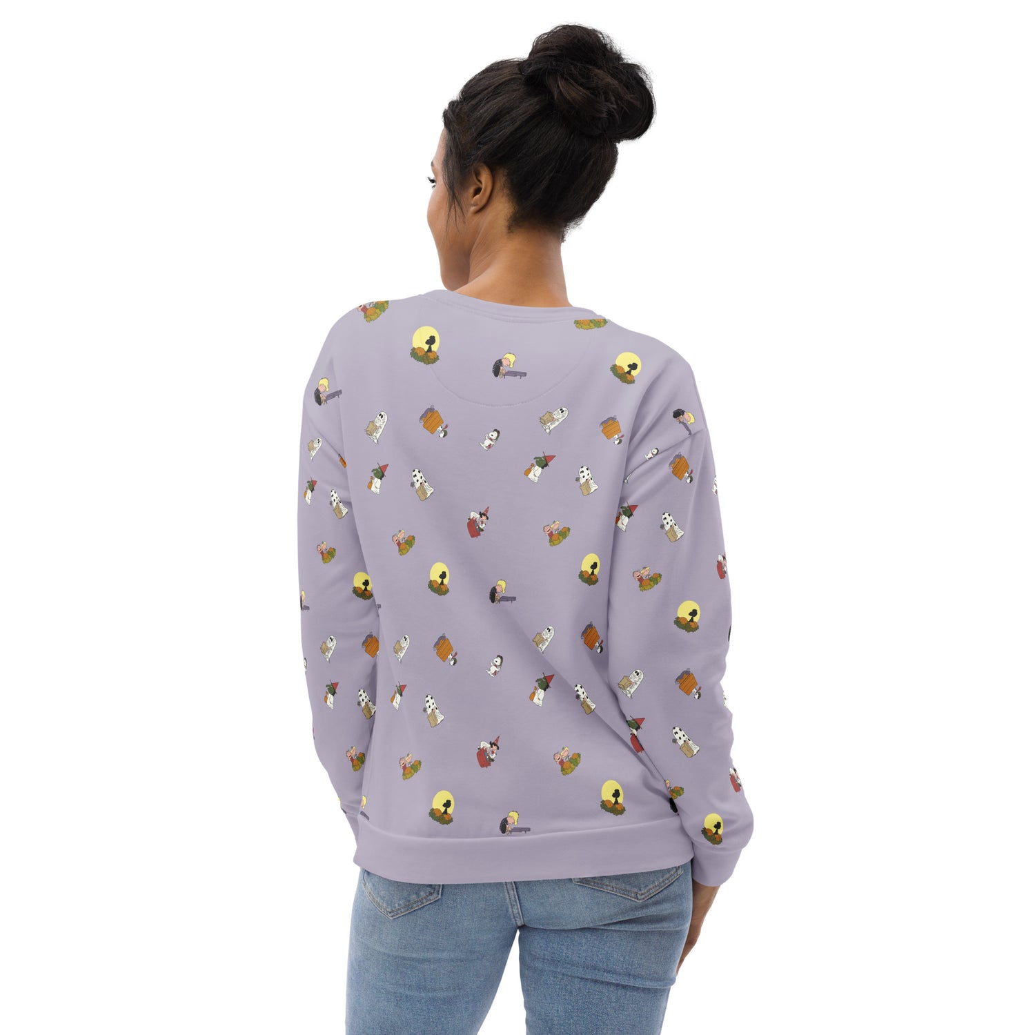 Back view of the crewneck sweatshirt showing the continuous all-over print design