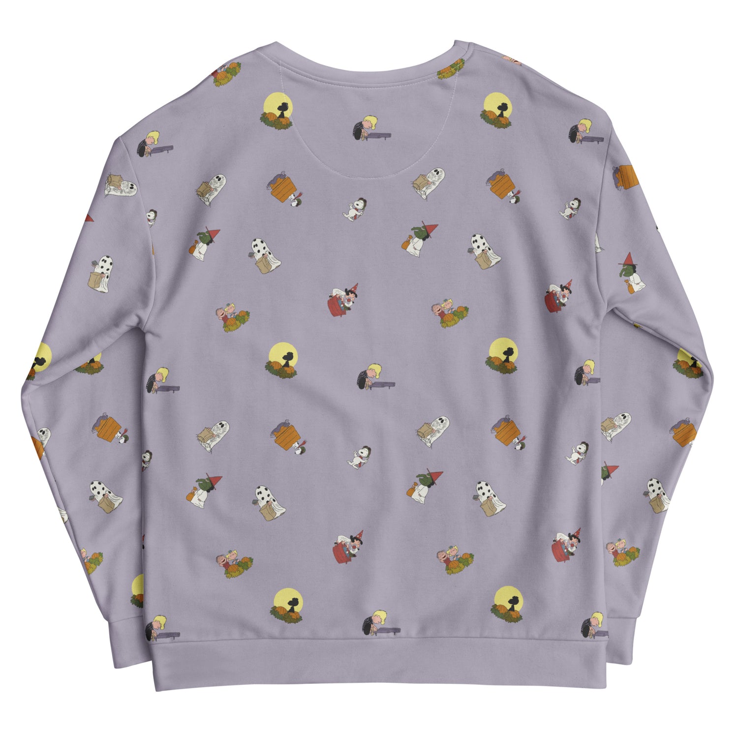 Lifestyle view of the unisex Peanuts sweatshirt laid flat to display the full graphic layout