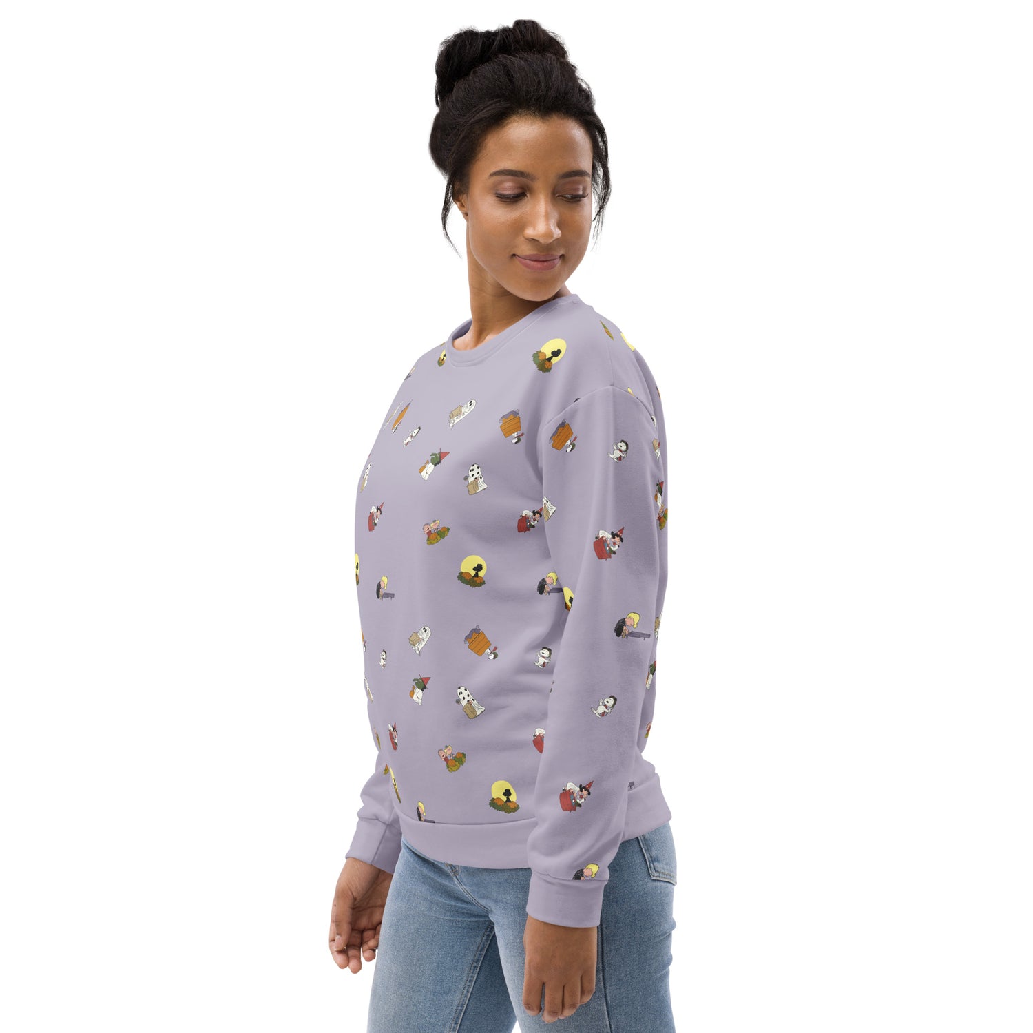 Close-up of the smooth fabric and vibrant seasonal print on the Peanuts sweatshirt