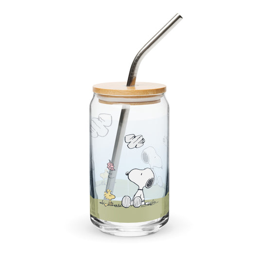 Peanuts Woodstock And Snoopy Sequence Can Shaped Glass With Lid And Straw-0