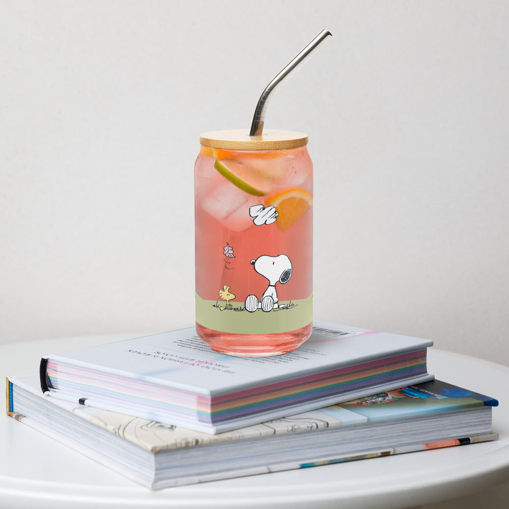 Peanuts Woodstock And Snoopy Sequence Can Shaped Glass With Lid And Straw