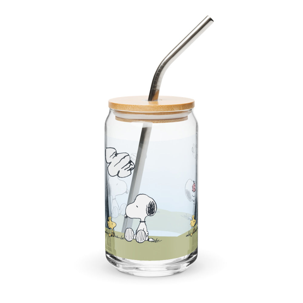 Peanuts Woodstock And Snoopy Sequence Can Shaped Glass With Lid And Straw