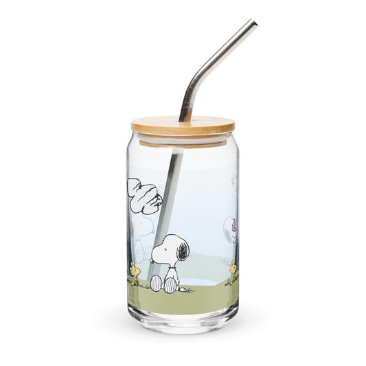 Peanuts Woodstock And Snoopy Sequence Can Shaped Glass With Lid And Straw-1