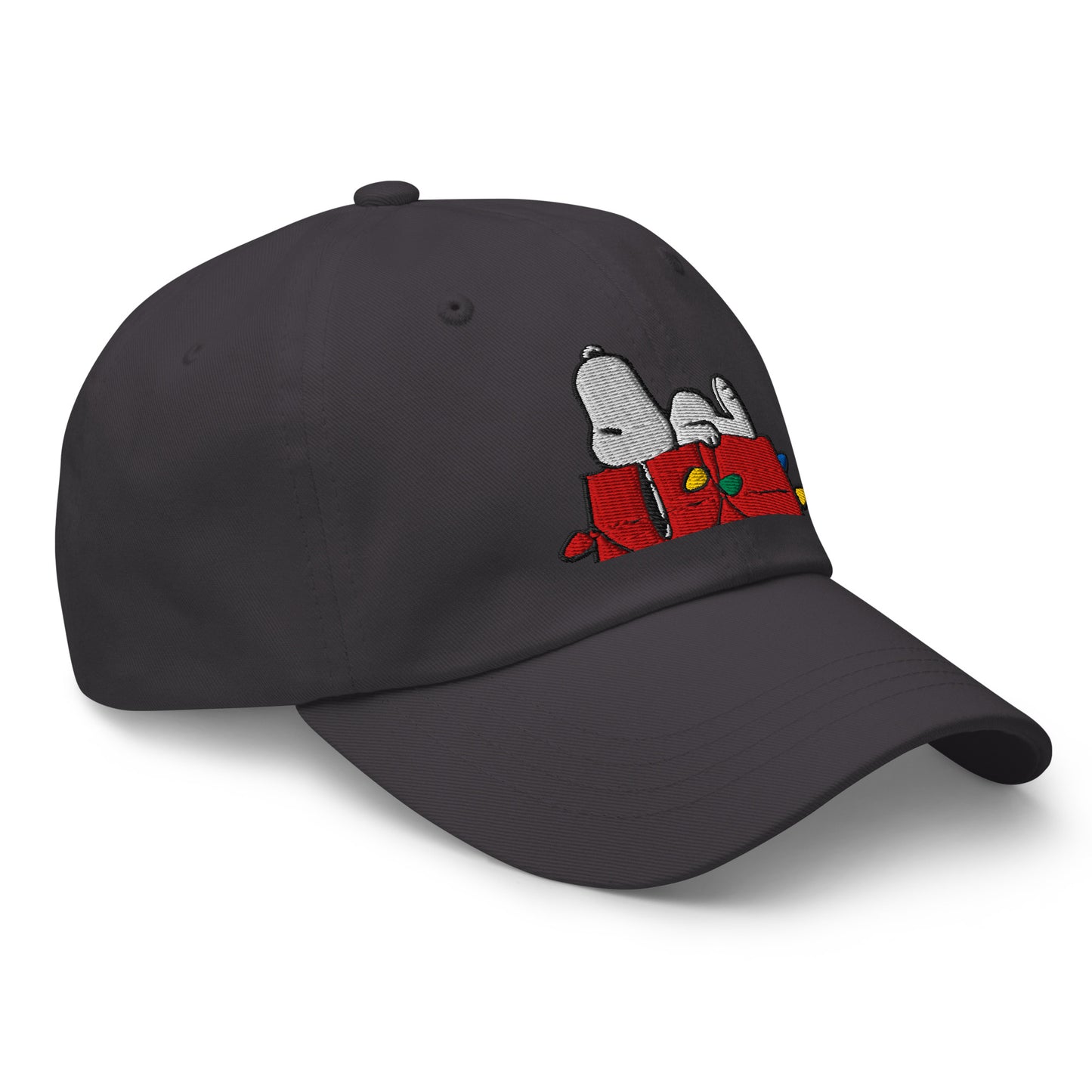 Close-up of the front stitching on the dark grey cap
