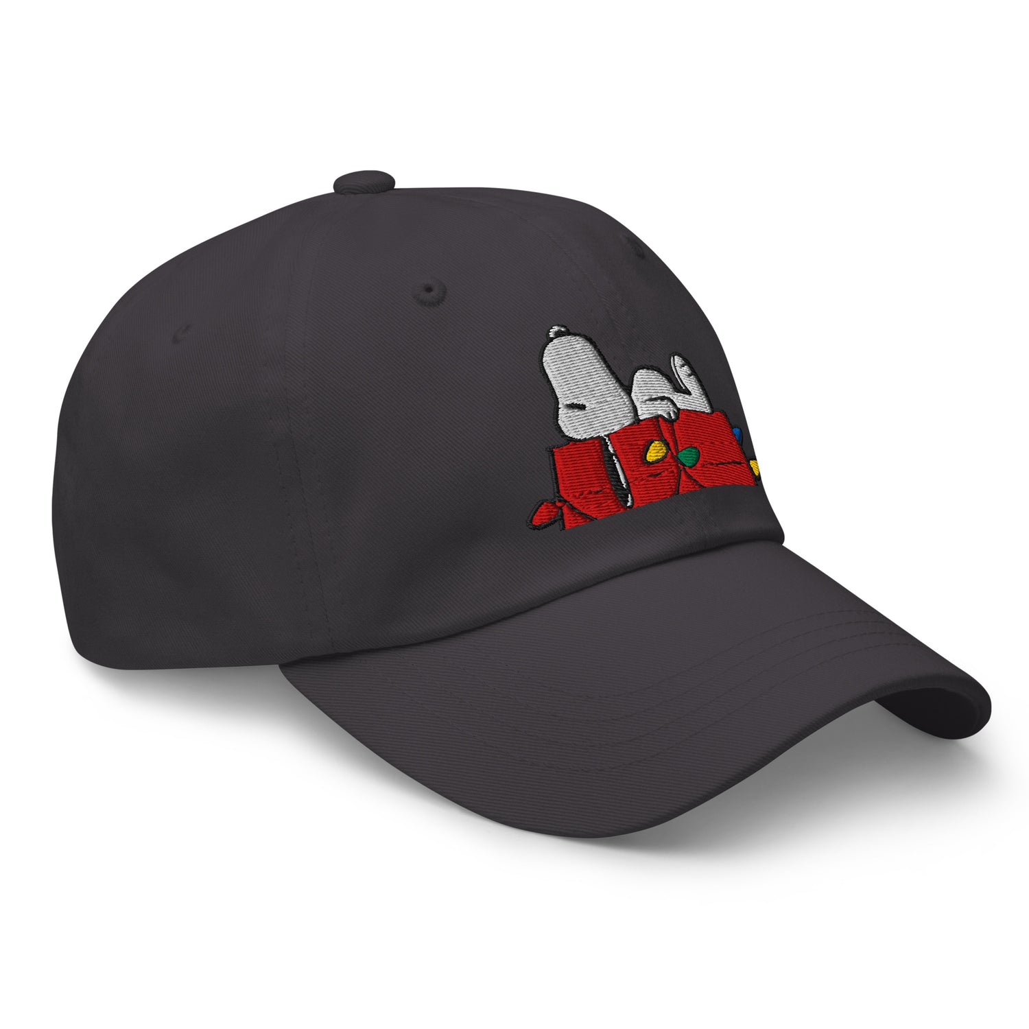 Close-up of the front stitching on the dark grey cap