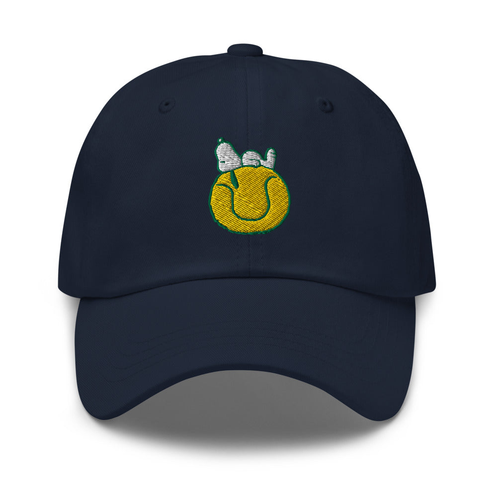 Dark navy Peanuts tennis embroidered hat, front view showing the embroidered tennis graphic on a six-panel crown