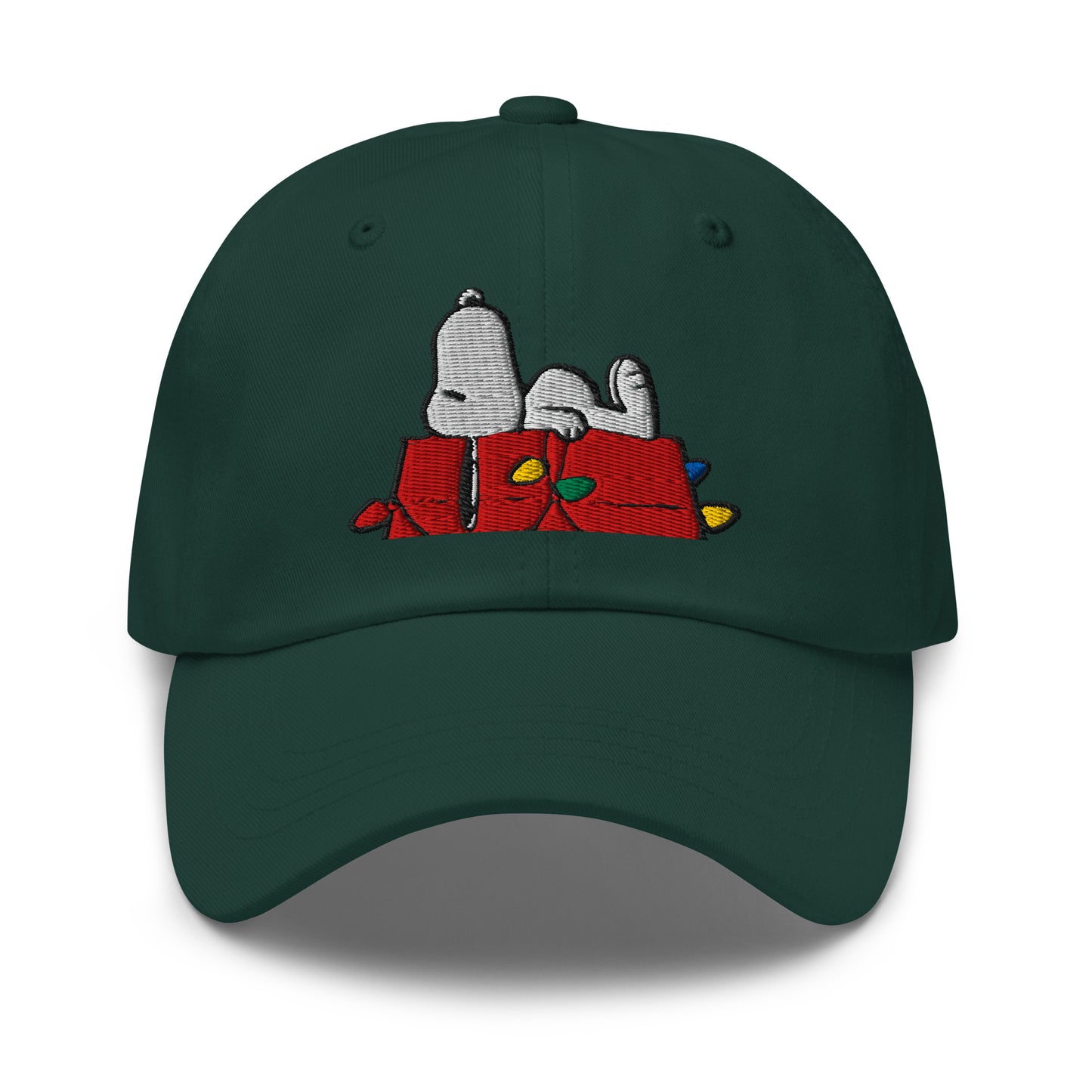 Front view of the Peanuts Let’s Get Cozy classic dad hat in spruce green