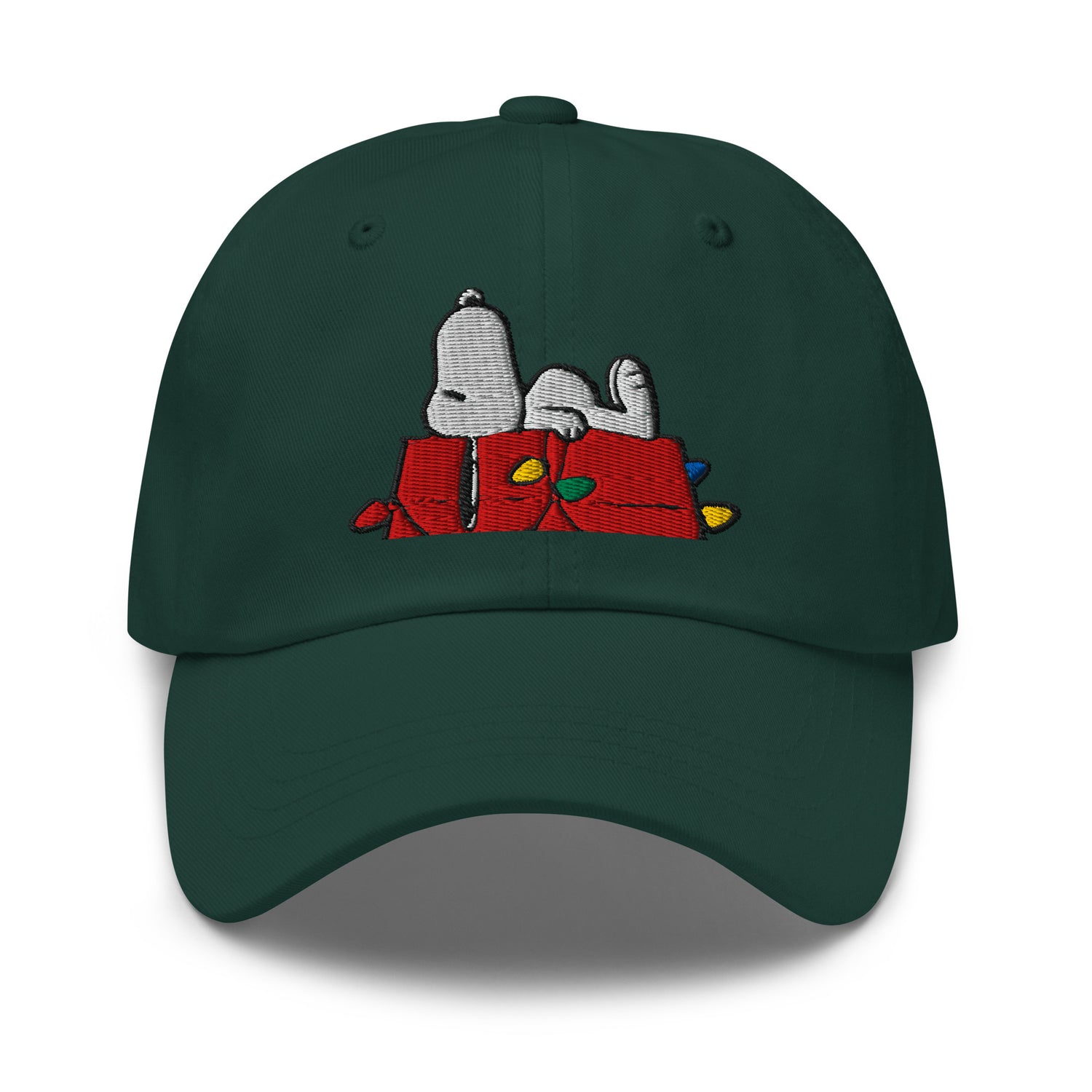 Front view of the Peanuts Let’s Get Cozy classic dad hat in spruce green