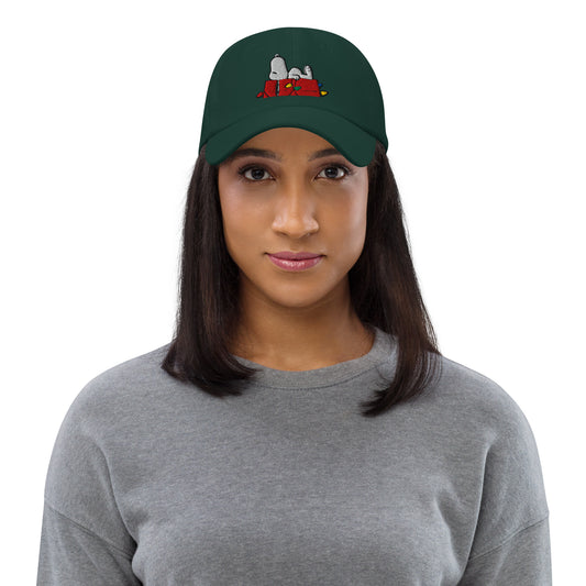 Front view of the Peanuts Let’s Get Cozy classic dad hat in spruce green-14