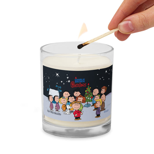 Glass jar soy wax candle featuring the Peanuts gang gathered together from A Charlie Brown Christmas on the front label-2