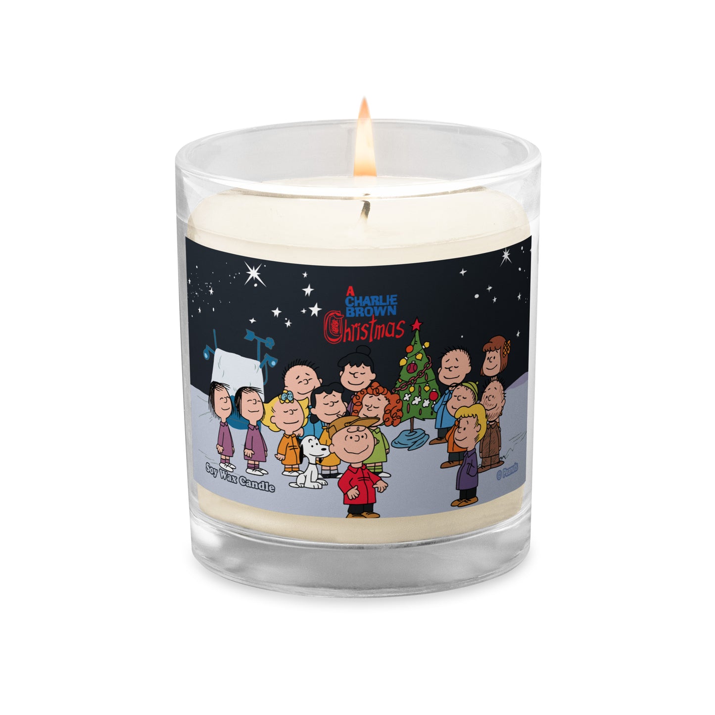 Close-up view of the glass jar candle showing the cotton wick and natural soy wax fill