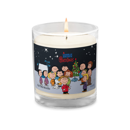 Glass jar soy wax candle featuring the Peanuts gang gathered together from A Charlie Brown Christmas on the front label-1