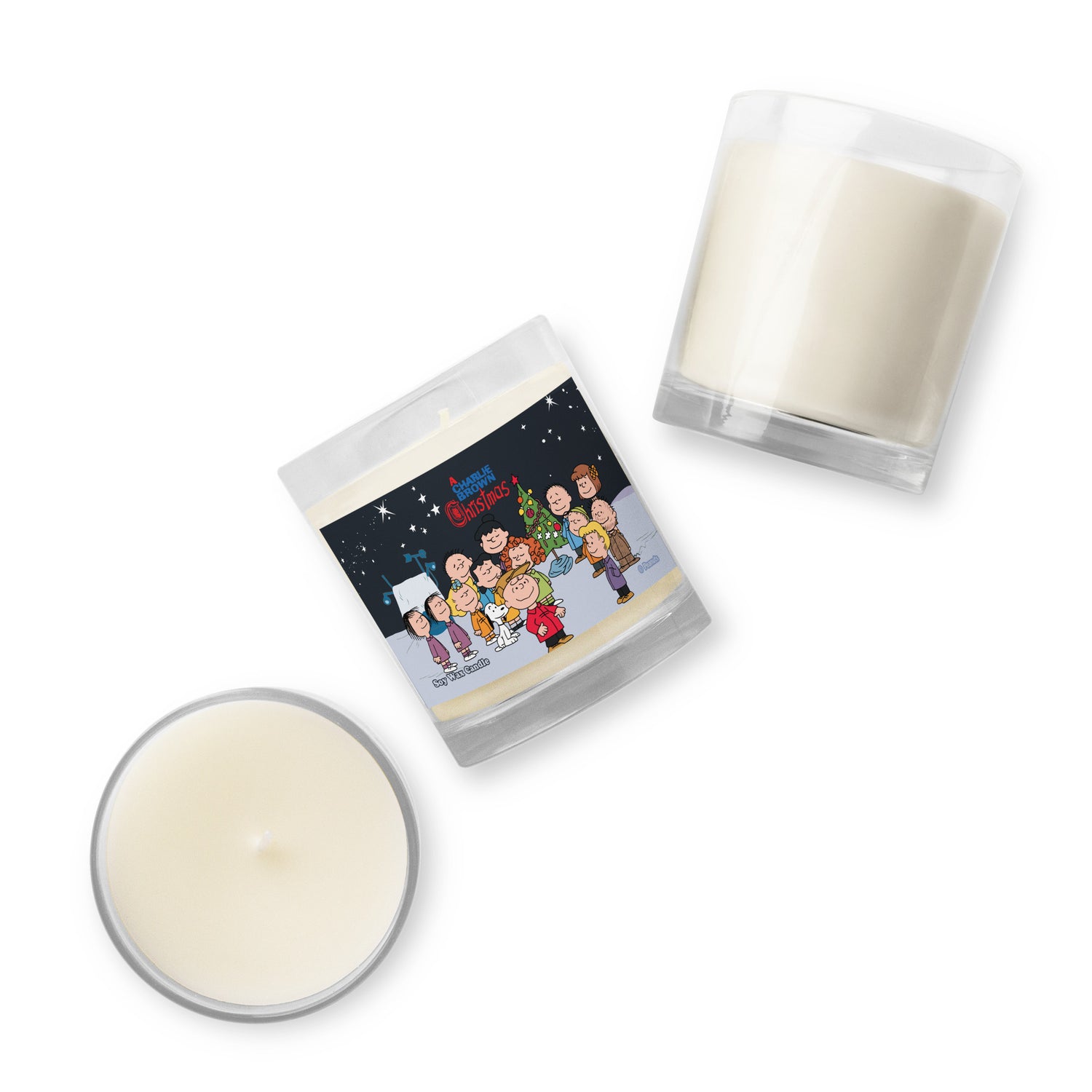 Back view of the Peanuts soy wax candle in its clear glass jar