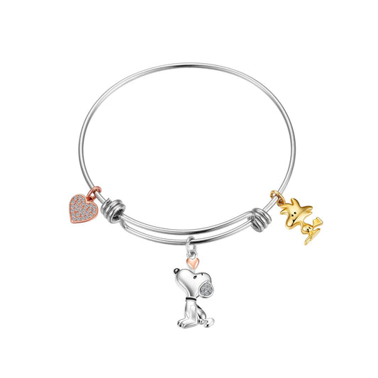 Stainless steel bangle bracelet featuring silver-plated Snoopy and Woodstock charms-1