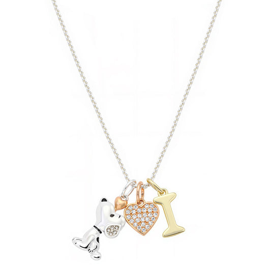 Delicate silver-tone chain necklace featuring a Snoopy charm, a cubic zirconia heart, and an initial pendant-12