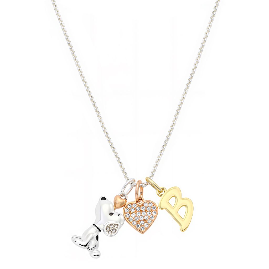 Close-up of the initial charm hanging alongside the Snoopy and heart pendants