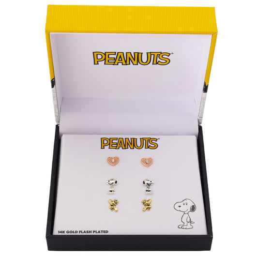 Peanuts earrings trio set featuring Snoopy and Woodstock inside crystal hearts against a clean background-6