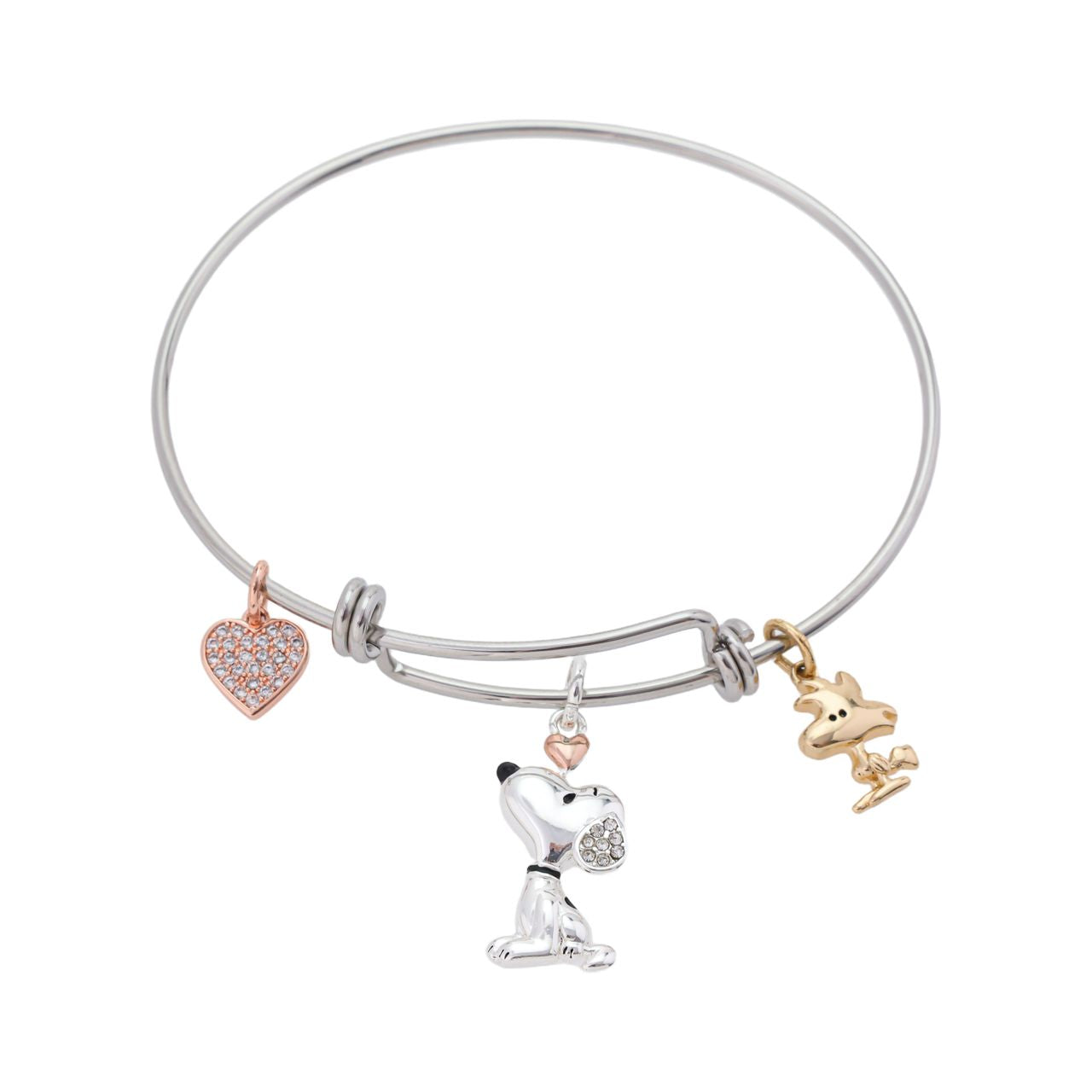 Stainless steel bangle bracelet featuring silver-plated Snoopy and Woodstock charms