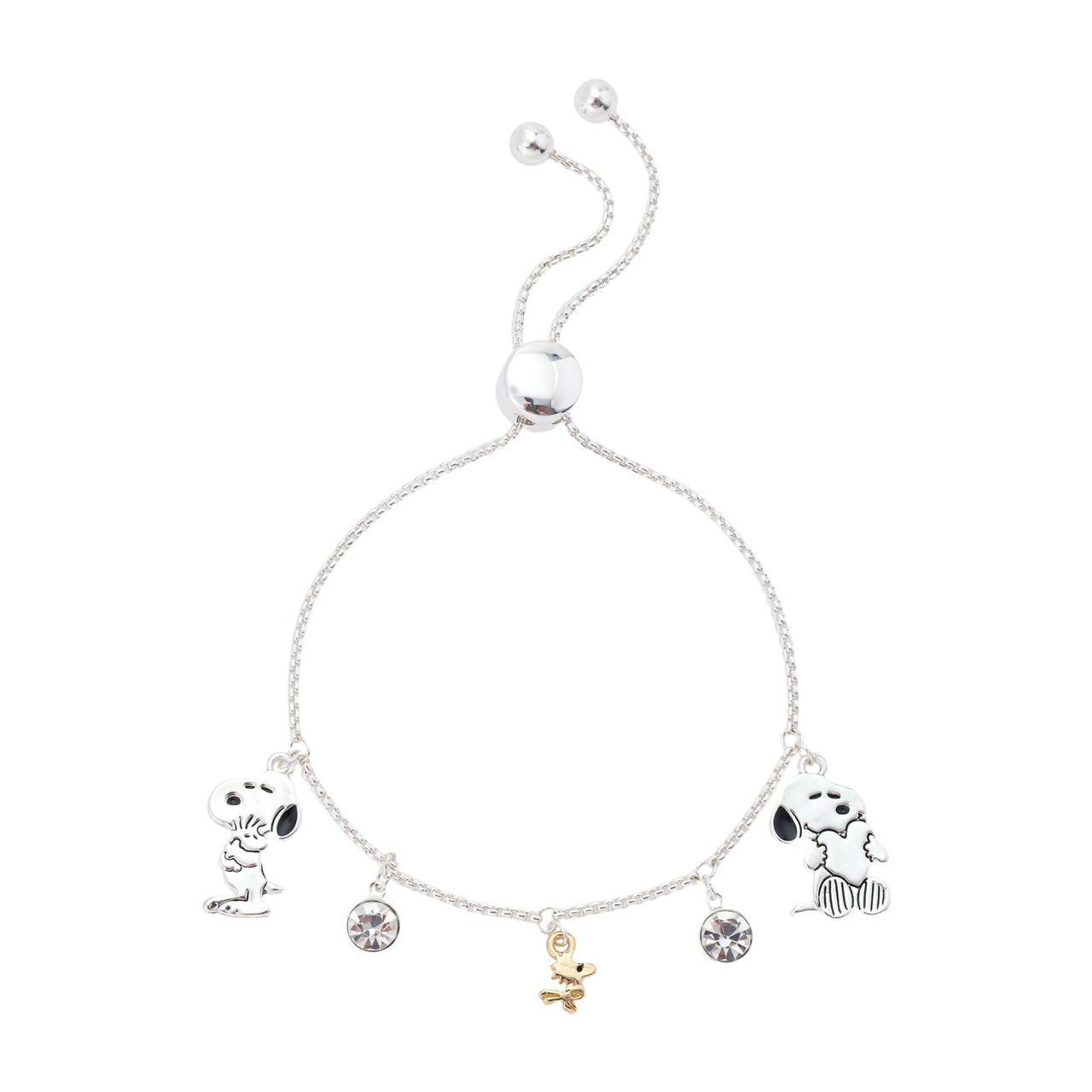 Silver bolo bracelet featuring sparkling cubic zirconia Snoopy and Woodstock charms