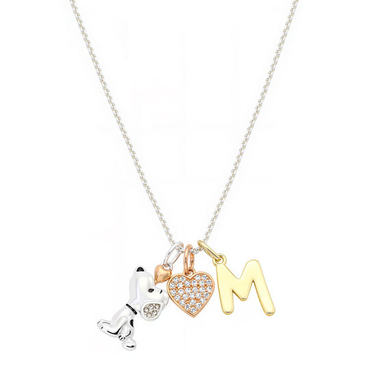 Delicate silver-tone chain necklace featuring a Snoopy charm, a cubic zirconia heart, and an initial pendant-16