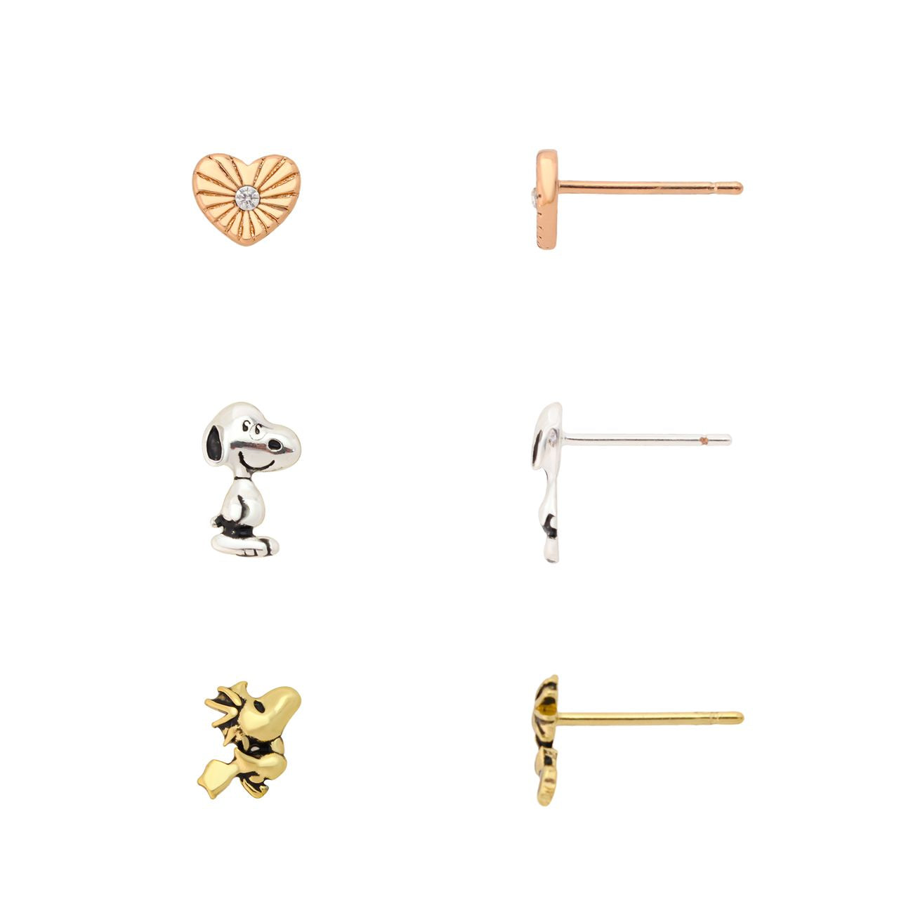 Back view showing the secure earring posts and backs of the Peanuts jewelry set