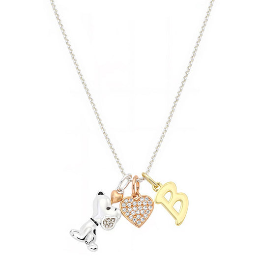 Delicate silver-tone chain necklace featuring a Snoopy charm, a cubic zirconia heart, and an initial pendant-5