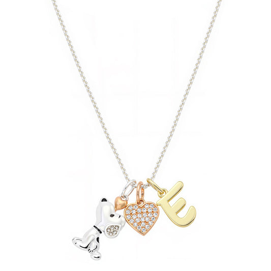 Delicate silver-tone chain necklace featuring a Snoopy charm, a cubic zirconia heart, and an initial pendant-8