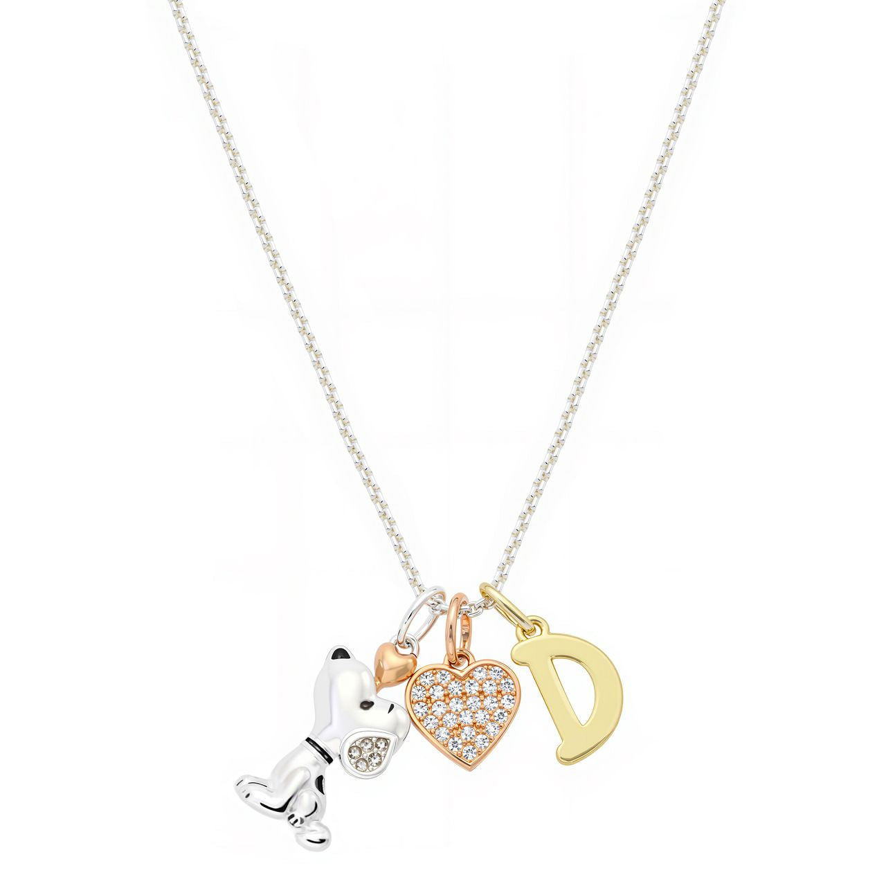 Lifestyle view of the Peanuts initial charm necklace worn gracefully around the neck