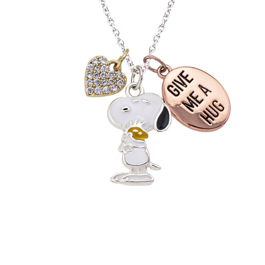 Delicate silver-toned necklace featuring a Snoopy charm with a Give Me A Hug motif-1