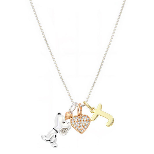 Delicate silver-tone chain necklace featuring a Snoopy charm, a cubic zirconia heart, and an initial pendant-13