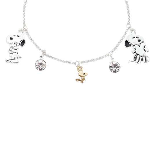 Silver bolo bracelet featuring sparkling cubic zirconia Snoopy and Woodstock charms-2