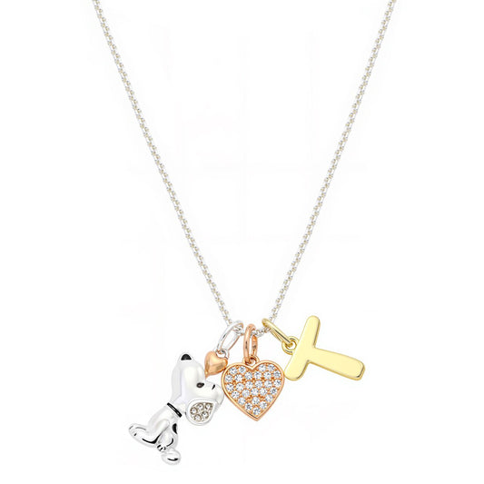 Delicate silver-tone chain necklace featuring a Snoopy charm, a cubic zirconia heart, and an initial pendant-23