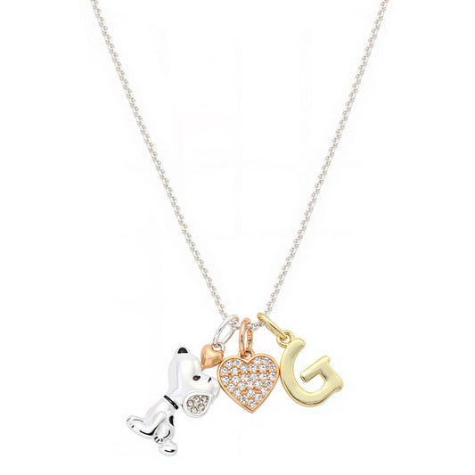 Delicate silver-tone chain necklace featuring a Snoopy charm, a cubic zirconia heart, and an initial pendant-10