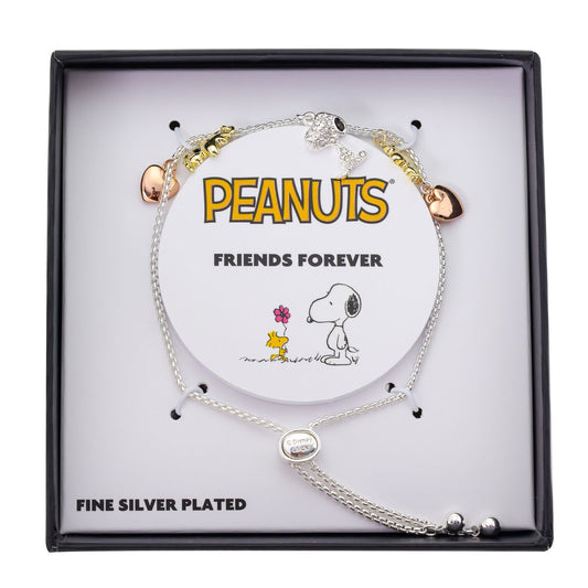 Peanuts bolo bracelet featuring a silver charm of Snoopy and Woodstock next to a crystal heart-2