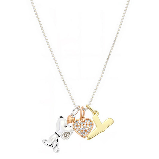 Delicate silver-tone chain necklace featuring a Snoopy charm, a cubic zirconia heart, and an initial pendant-26
