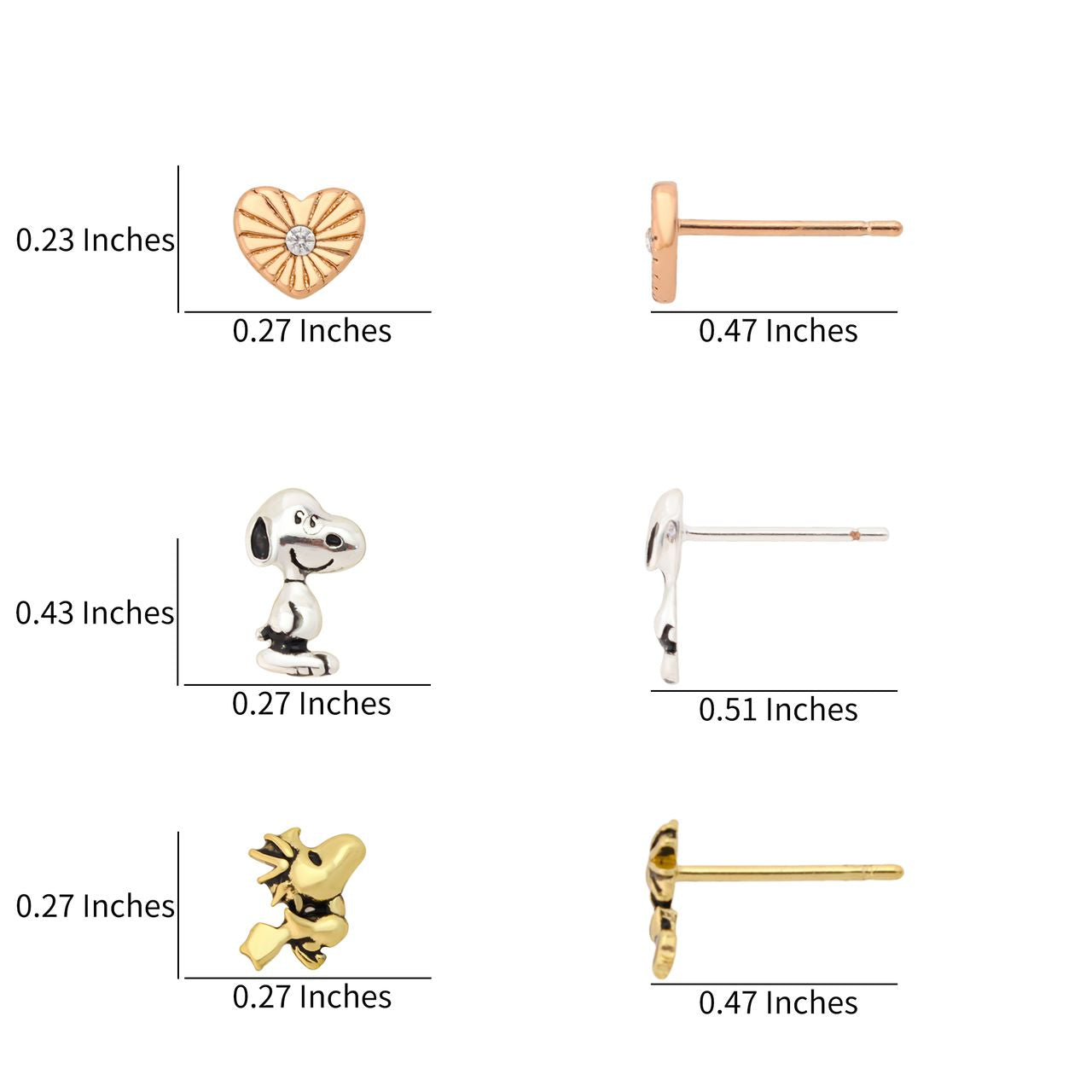 Angled view of the complete Peanuts Snoopy and Woodstock earring trio set