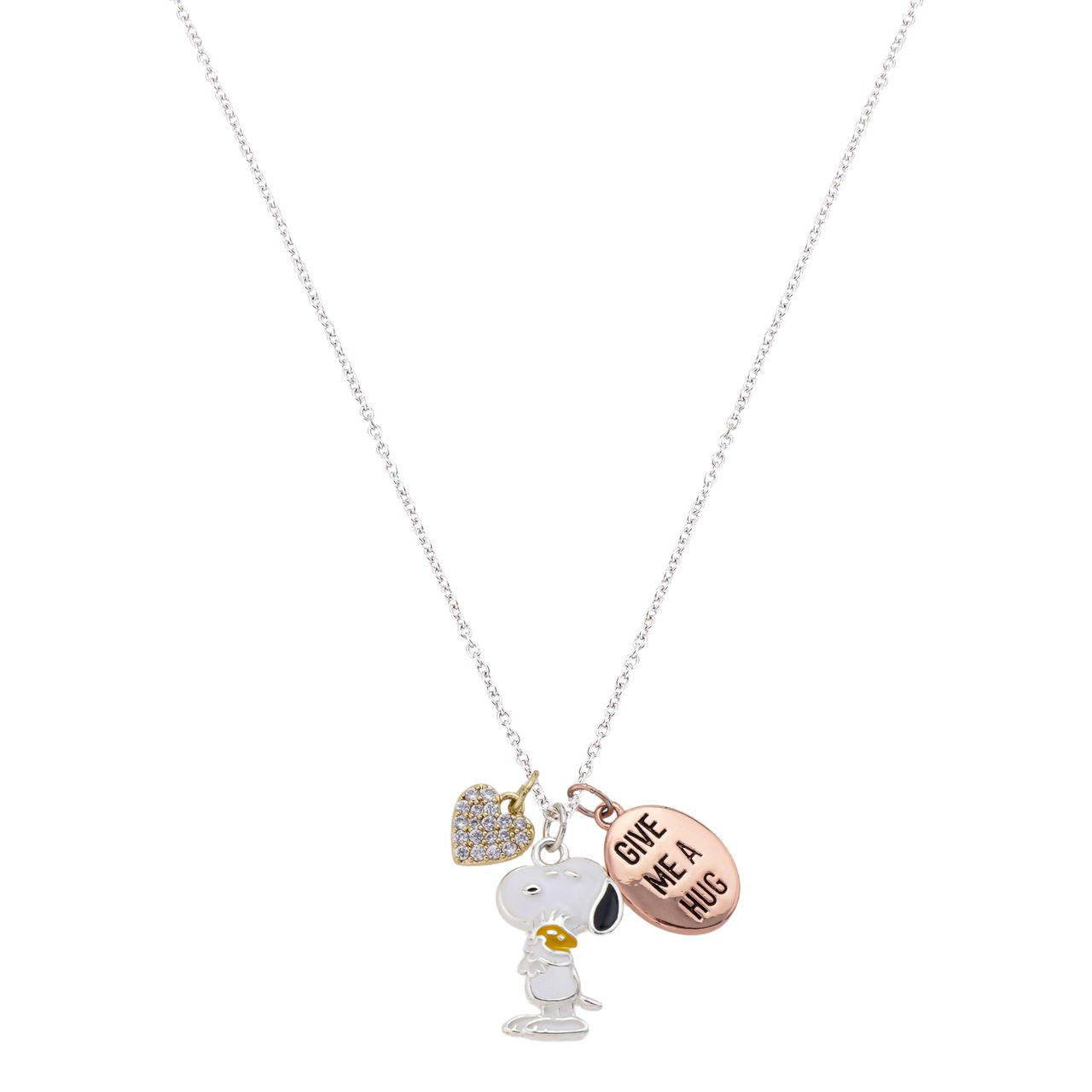 Delicate silver-toned necklace featuring a Snoopy charm with a Give Me A Hug motif