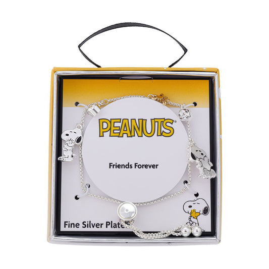 Silver bolo bracelet featuring sparkling cubic zirconia Snoopy and Woodstock charms-1