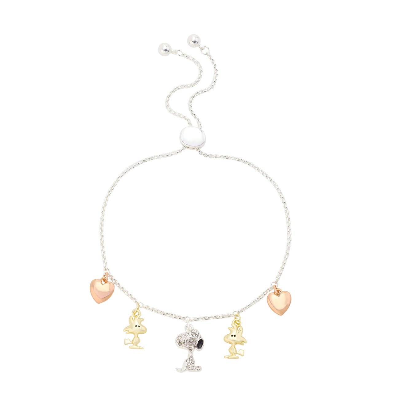 Peanuts bolo bracelet featuring a silver charm of Snoopy and Woodstock next to a crystal heart