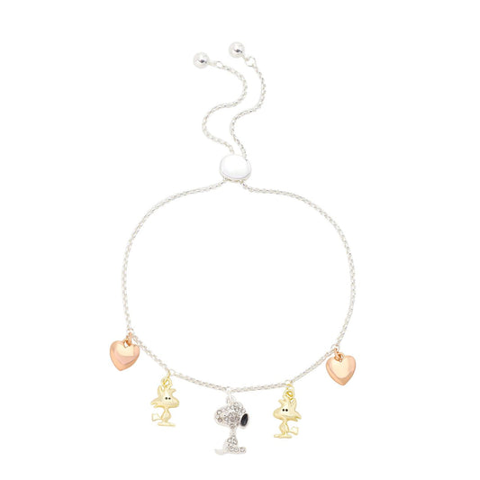 Peanuts bolo bracelet featuring a silver charm of Snoopy and Woodstock next to a crystal heart-0