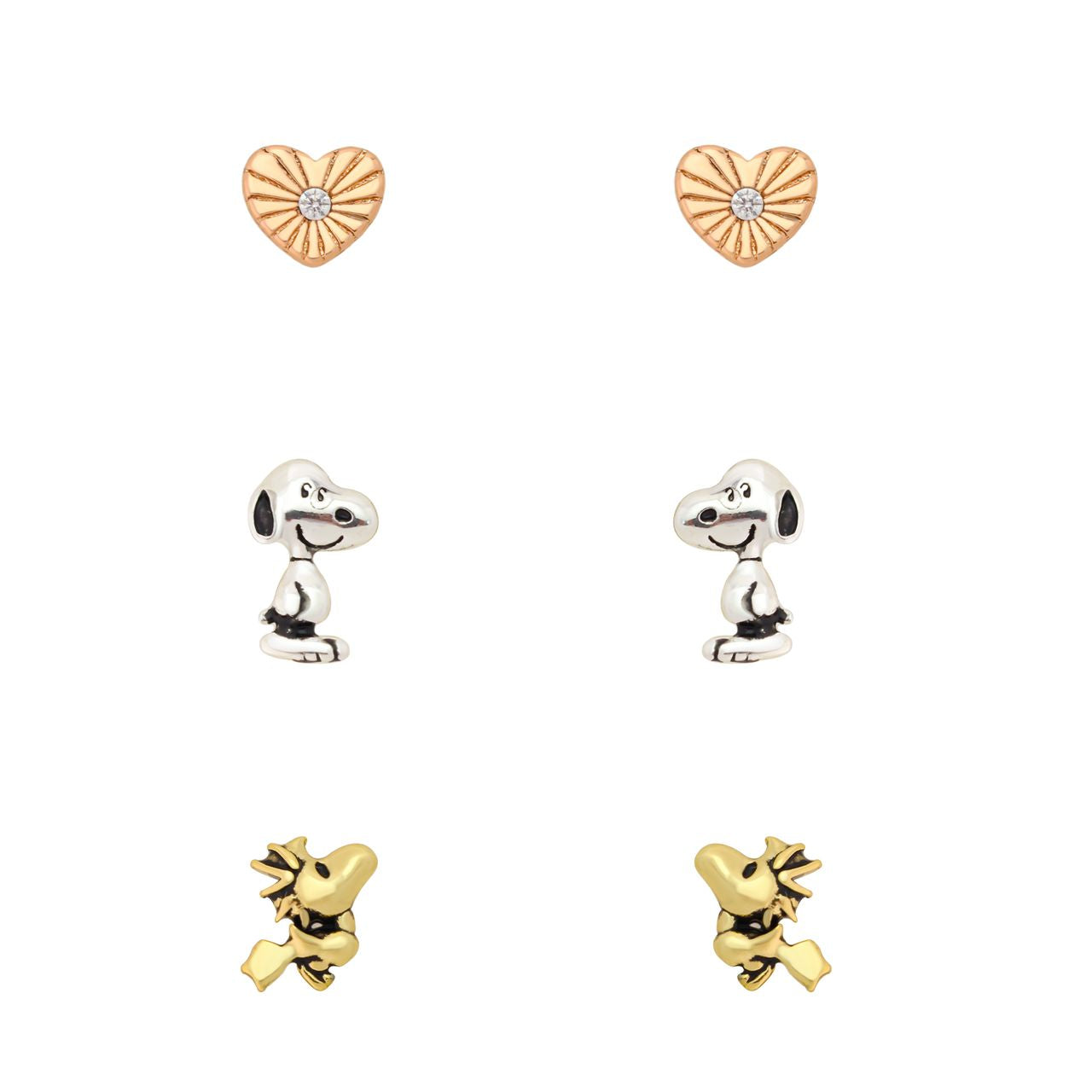 Peanuts earrings trio set featuring Snoopy and Woodstock inside crystal hearts against a clean background