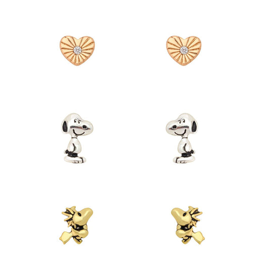 Peanuts earrings trio set featuring Snoopy and Woodstock inside crystal hearts against a clean background-0