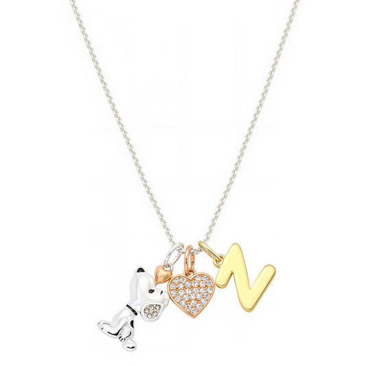 Delicate silver-tone chain necklace featuring a Snoopy charm, a cubic zirconia heart, and an initial pendant-4