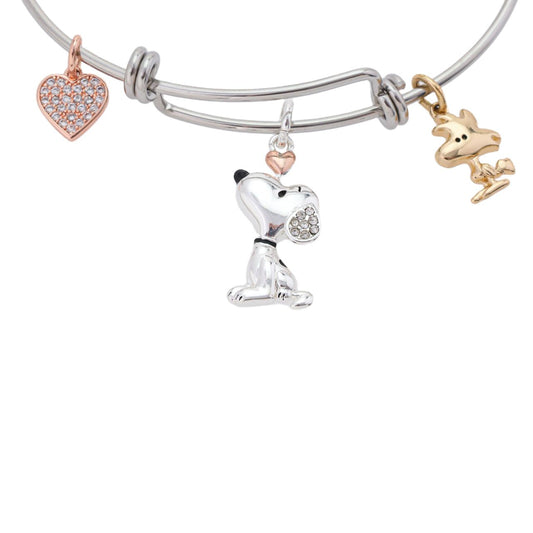 Stainless steel bangle bracelet featuring silver-plated Snoopy and Woodstock charms-2