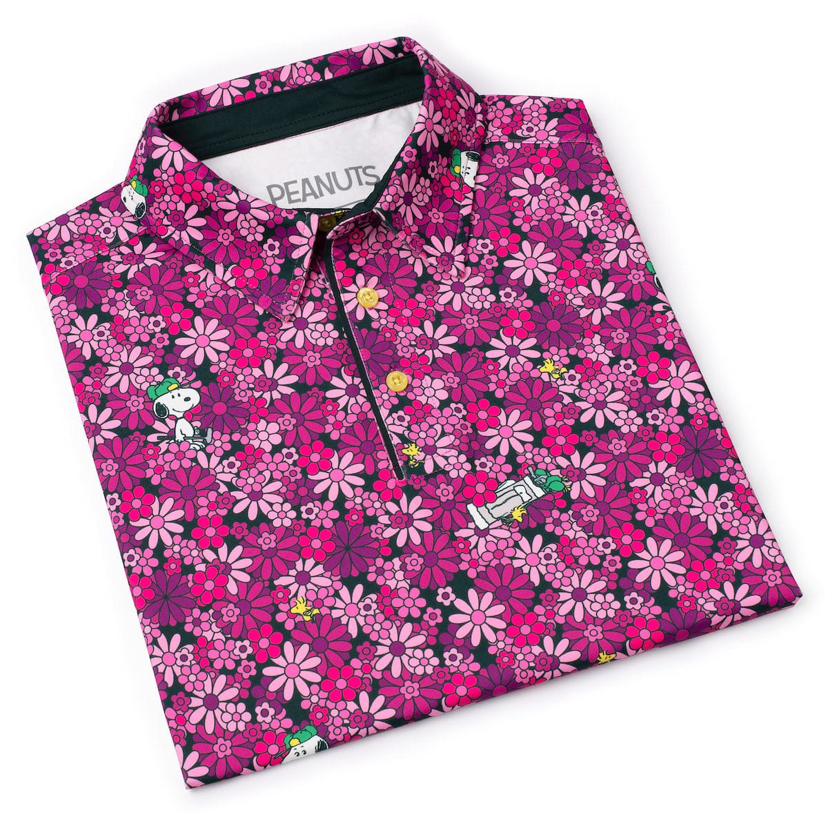 Folded polo shirt showcasing the complete floral design layout